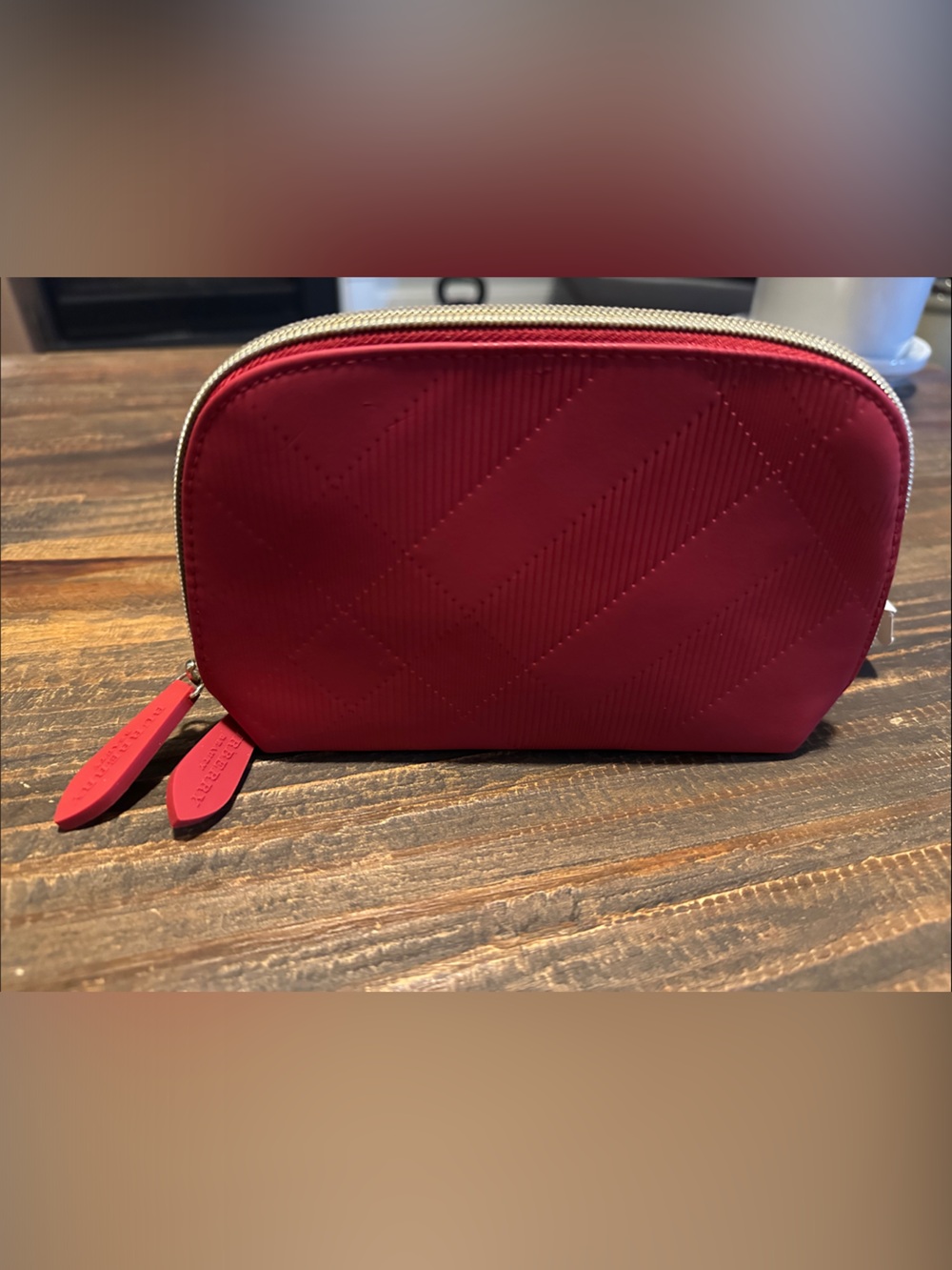 Burberry Red Leather Wristlet Pouch with Logo Strap